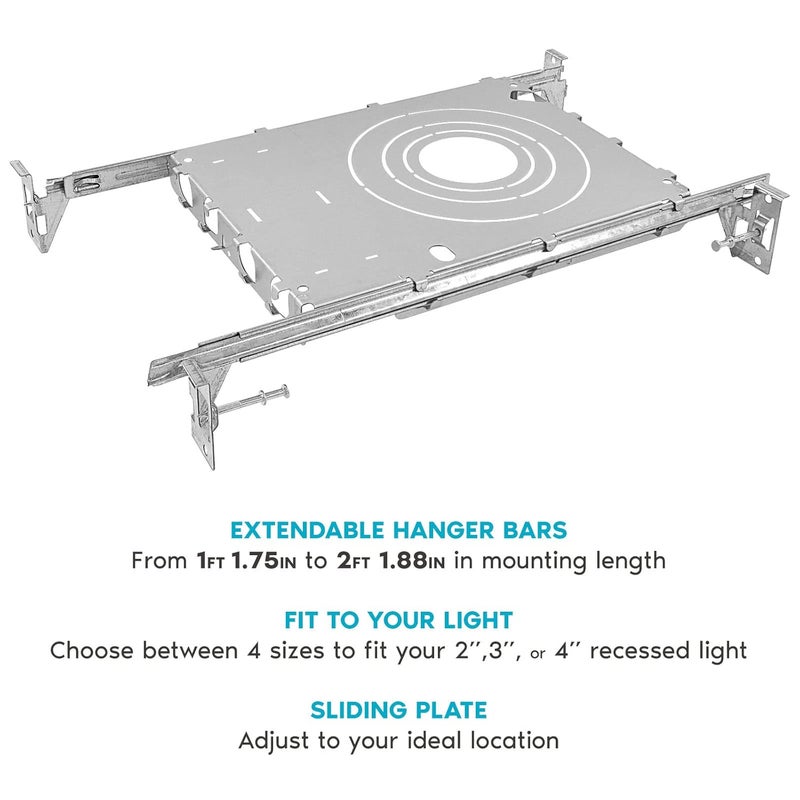 LUXRITE New Construction Mounting Plate, 2-3-4 Inch, Extendable Hanger Bars, Sliding Plate, 4 Cutout Sizes - Recessed Lighting Shallow Housing (6 Pack) - Image 2